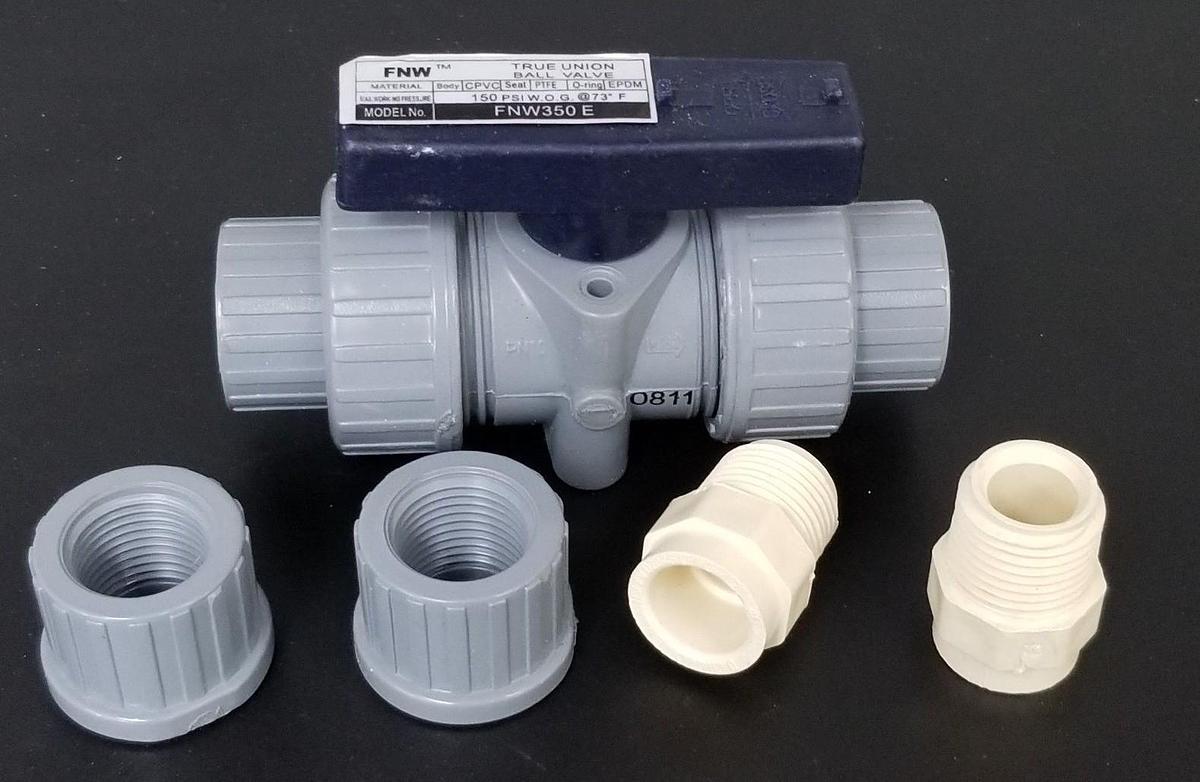 Used LOT OF 3 NIB FNW FNW350ED 1/2" CPVC TRUE UNION BALL VALVES 150PSI, FNW350E