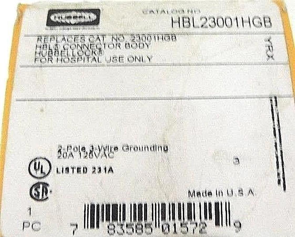 Used NIB HUBBELL HBL23001HGB CONNECTOR BODY HOSPITAL GRADE, 20A, 125VAC, 2 POLE