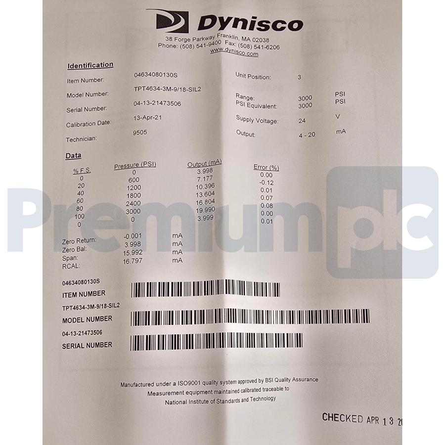 Used Dynisco TPT4634-3M-9/18-SIL2 Melt Pressure & Temperature Transmitter 4-20mA NSMP