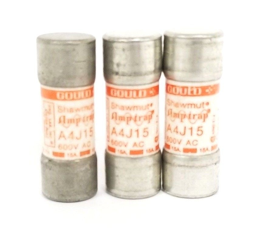 Used LOT OF 3 GOULD SHAWMUT A4J15 AMP TRAP FUSES 600V AC, CLASS J 15AMPS