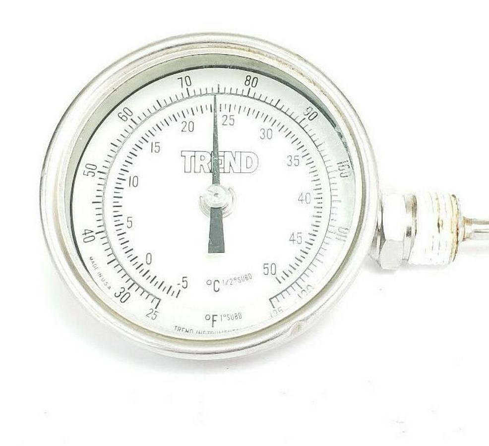 Used TREND INSTRUMENTS 25 TO 125 DEG F / -5 TO 50 DEG C THERMOMETER, 9" STEM