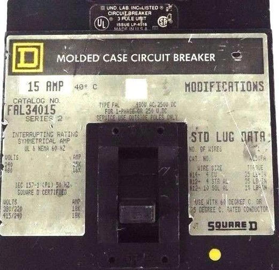 Used SQUARE D FAL34015 MOLDED CASE CIRCUIT BREAKER SERIES 2, 480V, 15A