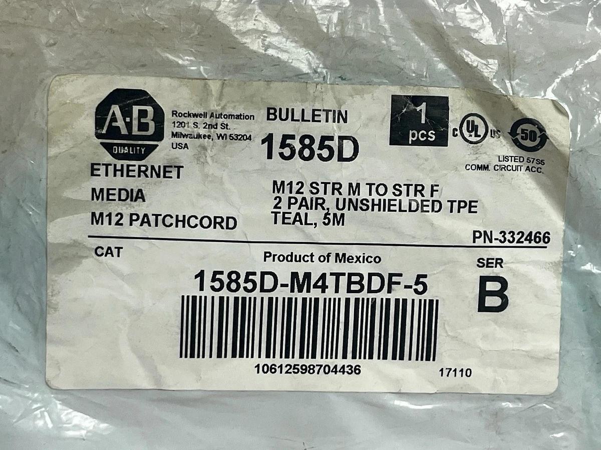 Used Allen-Bradley 1585D-M4TBDF-5 Ser. B Ethernet Patchcord M12 D-Code 5m 16.4ft Teal