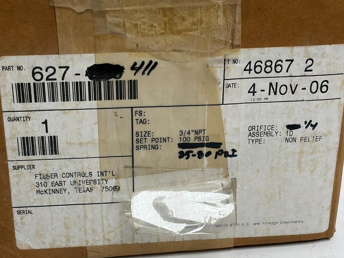 Used Fisher 627-411 Pressure Reducing Gas Regulator 3/4 NPT 1/4 Orifice 35-80 PSI New