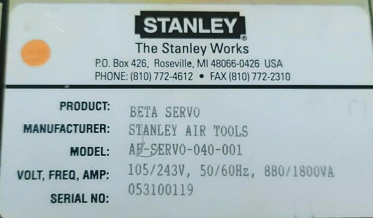 Used STANLEY AF-SERVO-040-001 SERVO DRIVE S/N: 053100119, 105/243V, 50/60Hz