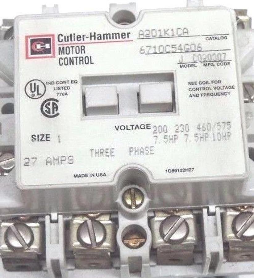 Used CUTLER HAMMER A201K1CA CONTACTOR MODEL J, 6710C54G06, SIZE 1, 27AMPS