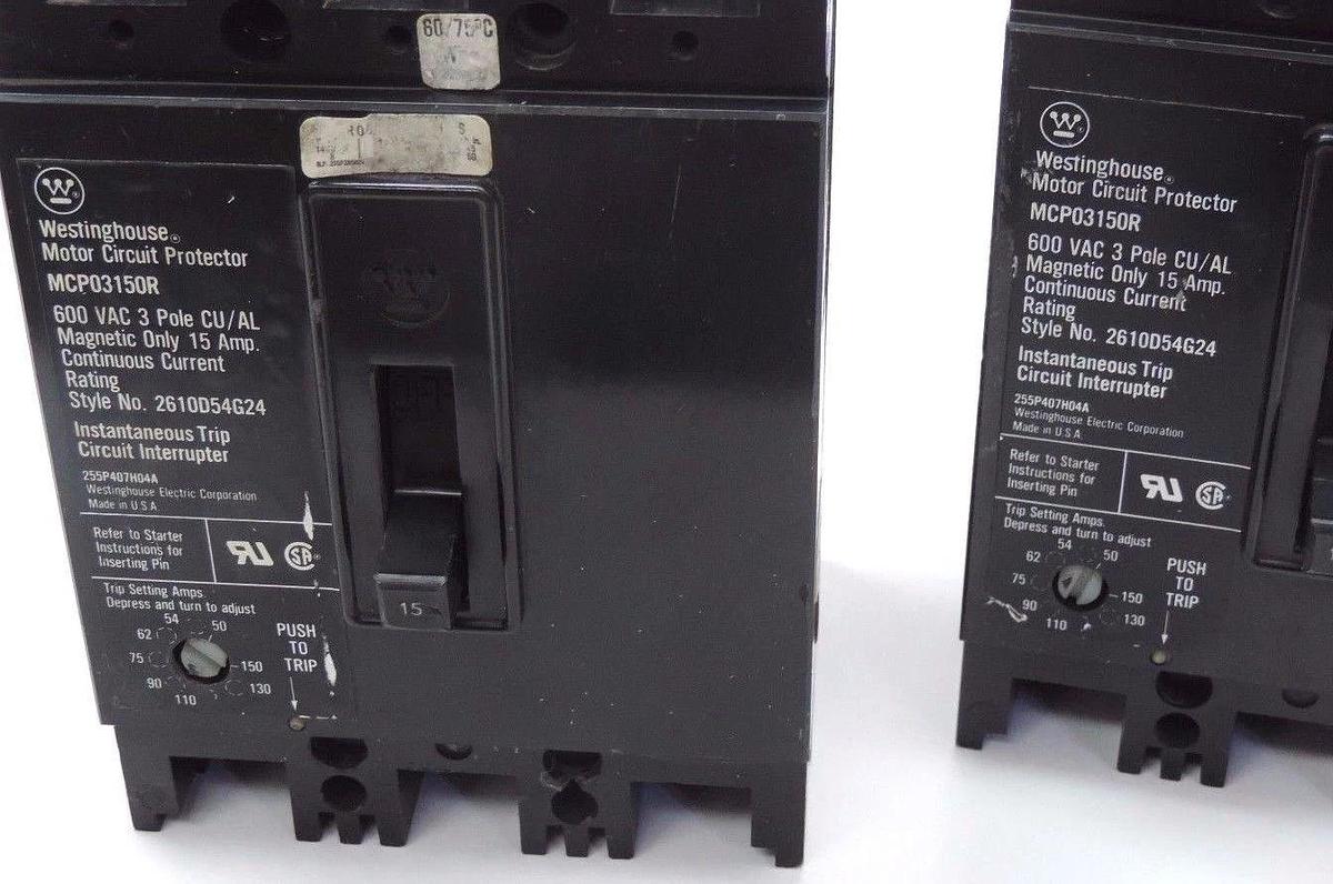 Used LOT OF 2 WESTINGHOUSE MPC03150R CIRCUIT BREAKERS STYLE NO. 2610D54G24, 15 AMP.