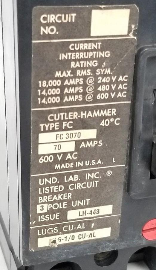 Used CUTLER HAMMER FC-3070 CIRCUIT BREAKER 70A 600VAC LH-443 3-POLE FC3070