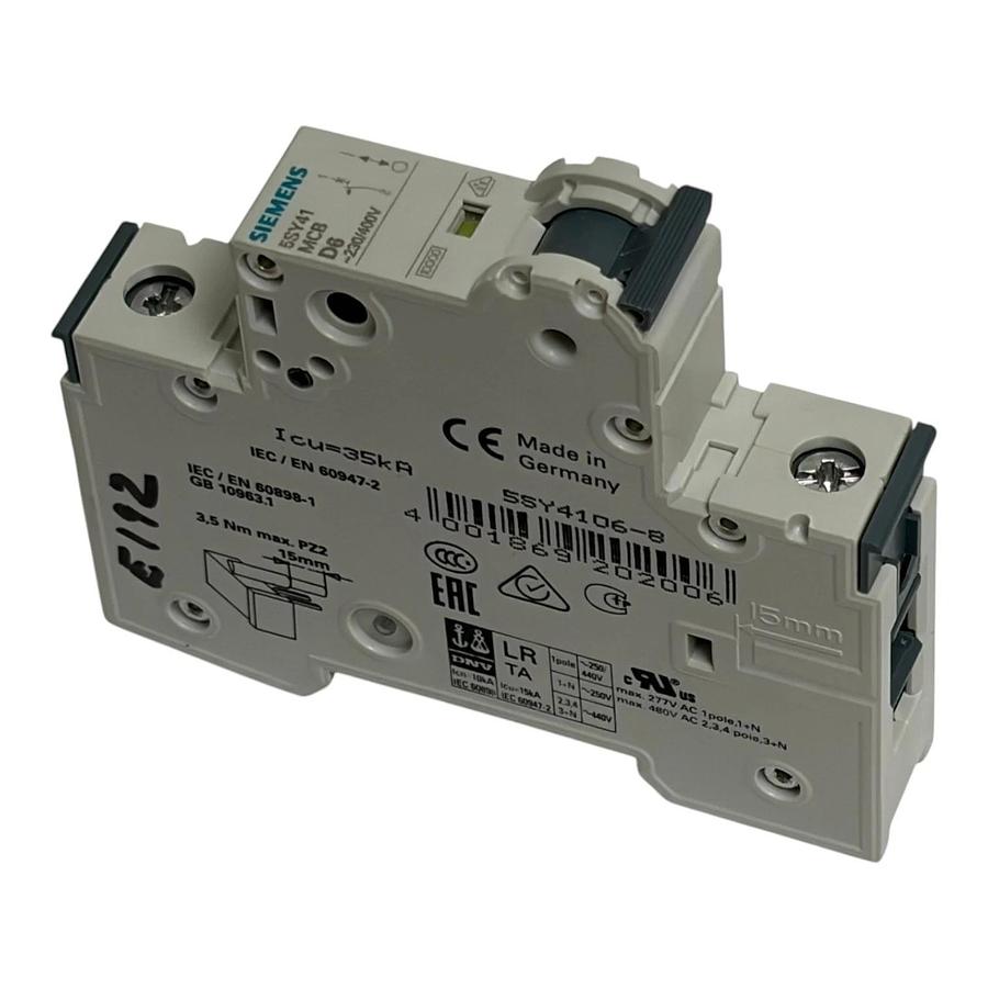 Siemens 5SY4106-8 Miniature Circuit Breaker MCB 1 Pole 6A D Curve 230/400V New