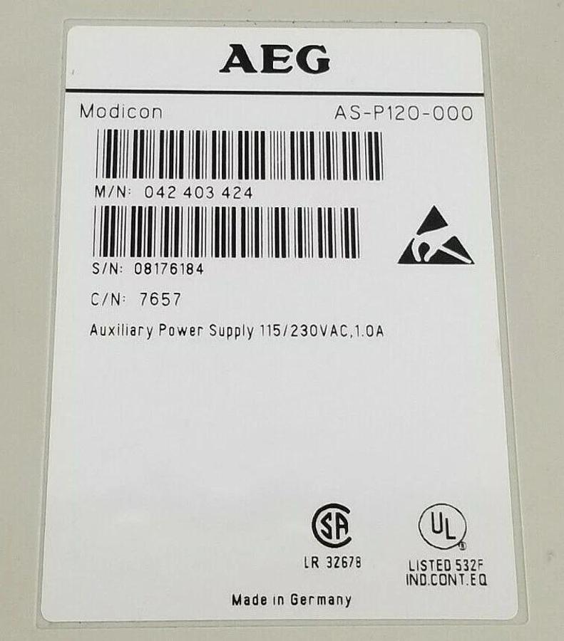 Used MODICON / AEG AS-P120-000 AUXILIARY POWER SUPPLY MODULE 042-403-424 (DAMAGED)