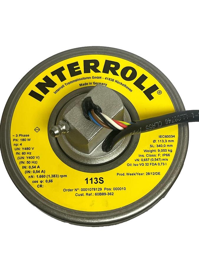 Used Interroll 113S Drum Motor | 180W 480V 3PH | Ø 113.3mm SL: 340mm | New Surplus