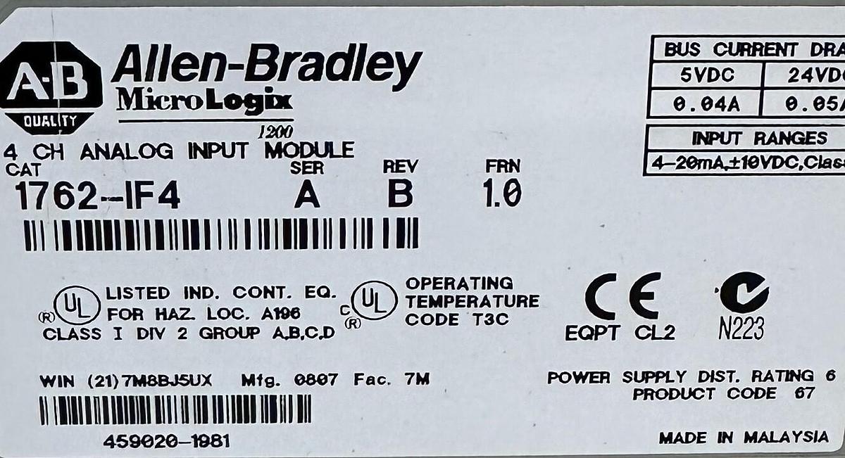 Used ALLEN BRADLEY 1762-IF4 /A MicroLogix 4-CHANNEL ANALOG INPUT MODULE 1762IF4