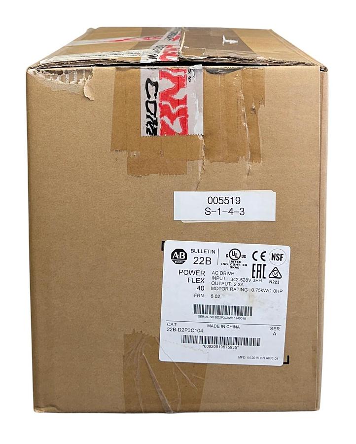 Used ALLEN BRADLEY 22B-D2P3C104 /A PowerFlex 40 AC DRIVE 0.75kW/1HP 342-528VAC NSMP