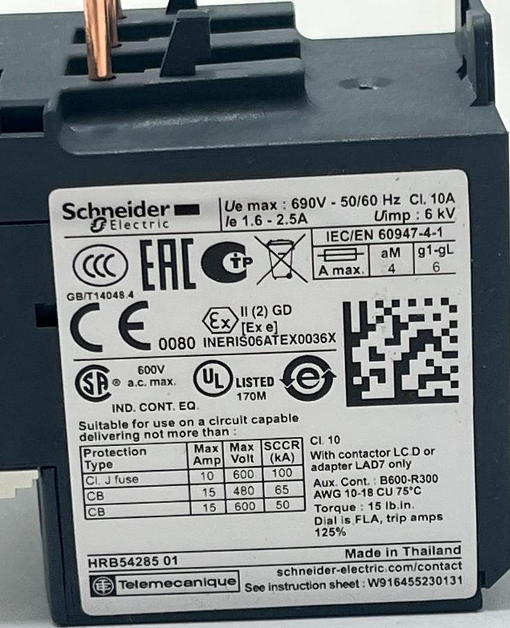 Used Schneider Electric LRD07 TeSys 034677 LRD Thermal Overload Relay, 1.6-2.5A, NSMP