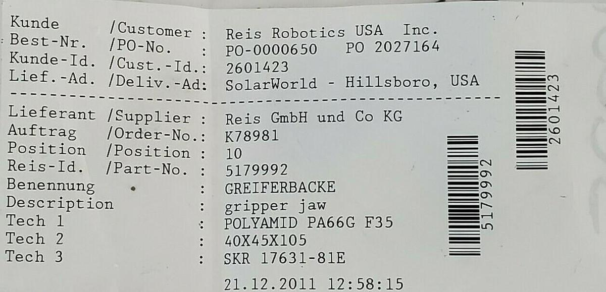 Used LOT OF 2 NEW REIS ROBOTICS 5179992 GRIPPER JAWS K78981 2601423