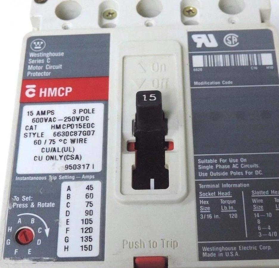 Used WESTINGHOUSE HMCP015E0C CIRCUIT BREAKER STYLE: 6630C87G07, SER. C, 15AMP, 3-POLE