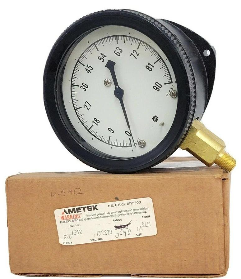 Used NEW AMETEK FIG. NO. 1362 G20 PRESSURE GAUGE 0-90 PSI SPEC. NO. 132270