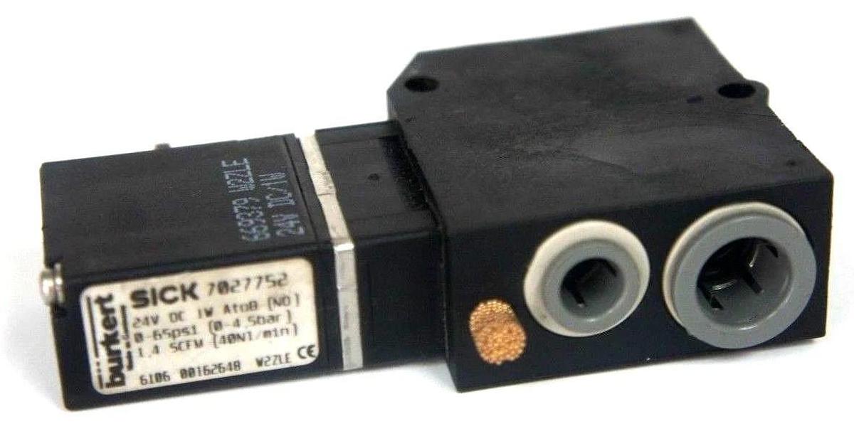 Used SICK OPTIC ELECTRONIC 7027752 VALVE 24VDC, 1W, 0-65PSI, 3/8" & 1/4" PORTS