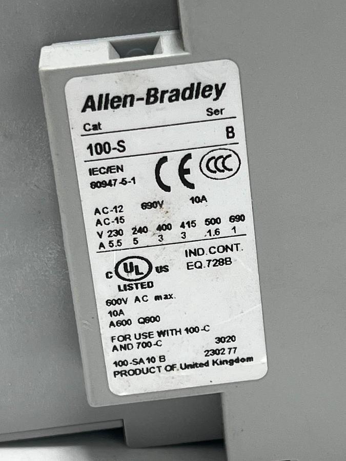 Used ALLEN-BRADLEY 100S-C37EJ14BC Ser C GUARDMASTER CONTACTOR 37A 600V 24VDC Coil 4P