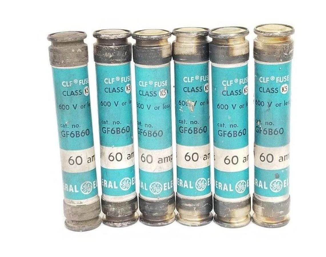 Used LOT OF 6 GENERAL ELECTRIC GF6B60 CLASS K5 FUSES 60AMP, 600V