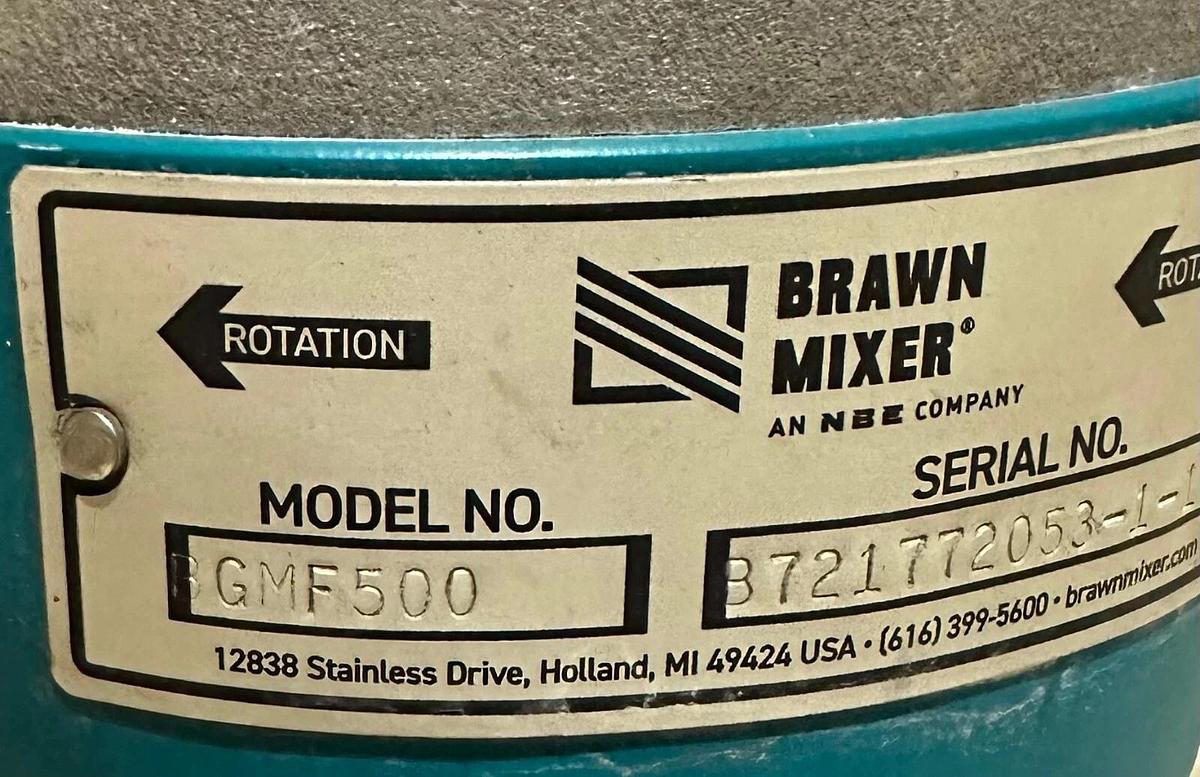 Used BRAWN MIXER BGMF500 PROCESS MIXER TXQ2-5-180TC-140TC 3HP 707506L 600W 5:1 RATIO