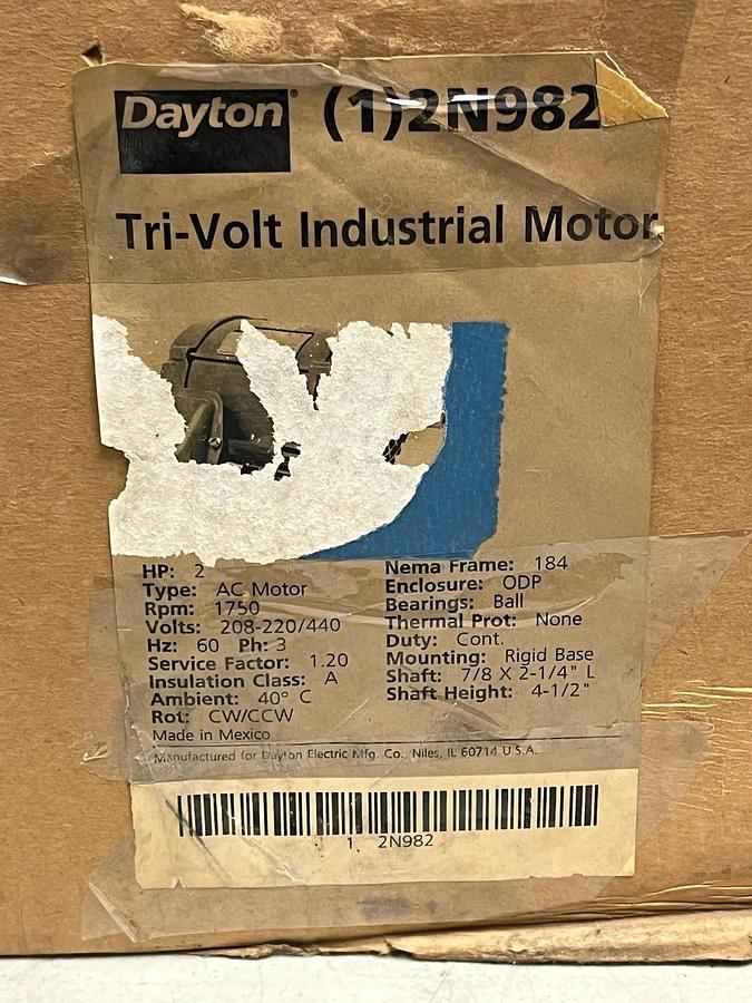 Dayton 2N982H Industrial Motor 2 HP 1750 RPM 3-Phase 230/460V ODP 182/4T