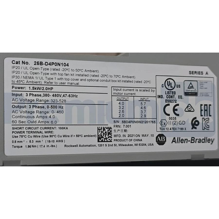 Used Allen Bradley 25B-D4P0N104 /A PowerFlex 525 AC Drive ENet/IP 2HP FRN. 7.001 NSMP