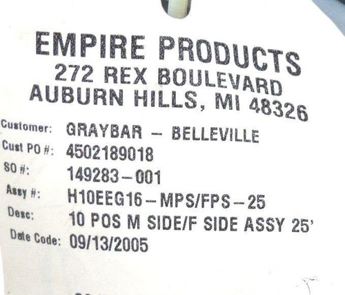 Used EMPIRE PRODUCTS H10EEG16-MPS/FPS-25 10 POS M SIDE/F SIDE ASSY 25'