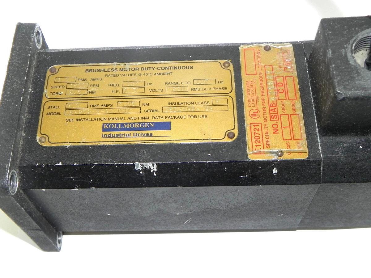 Used KOLLMORGEN EB-202-B-91-001 BRUSHLESS MOTOR NO. SAB-425827 H.P. 1.3