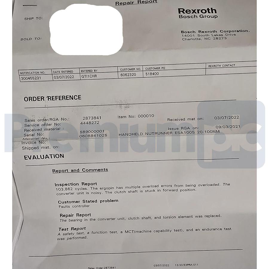 Used Bosch Rexroth ESA100S | 0608841025 Handheld Nutrunner 20-100NM 3~230V REPAIRED