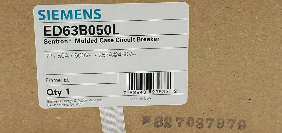 Used FACTORY SEALED SIEMENS ED63B050L SENTRON MOLDED CASE CIRCUIT BREAKER 3P, 50A