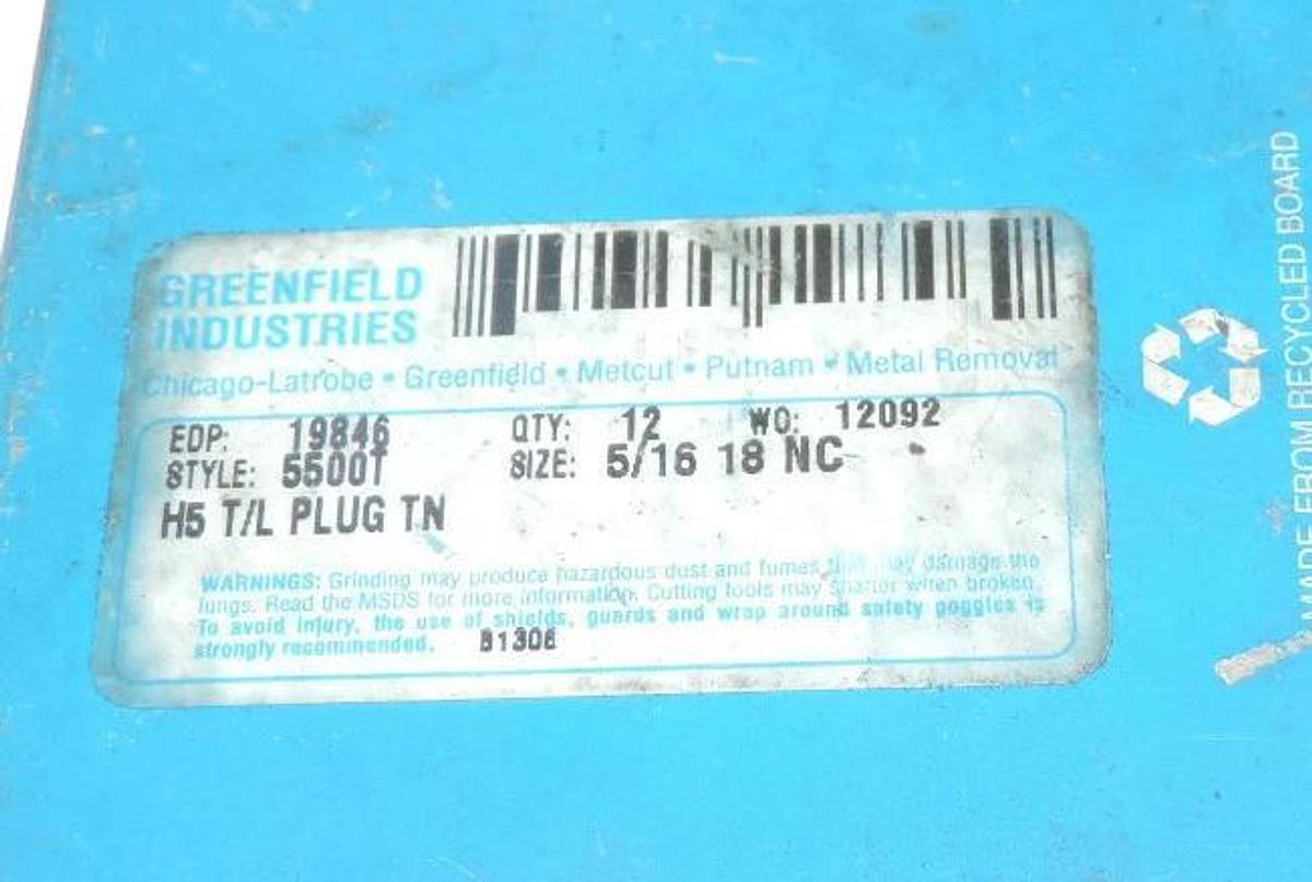 Used BOX OF 5 GREENFIELD INDUSTRIES 19846 PLUG TAPS STYLE 5500T 5/16 18NC H5 T/L PLUG