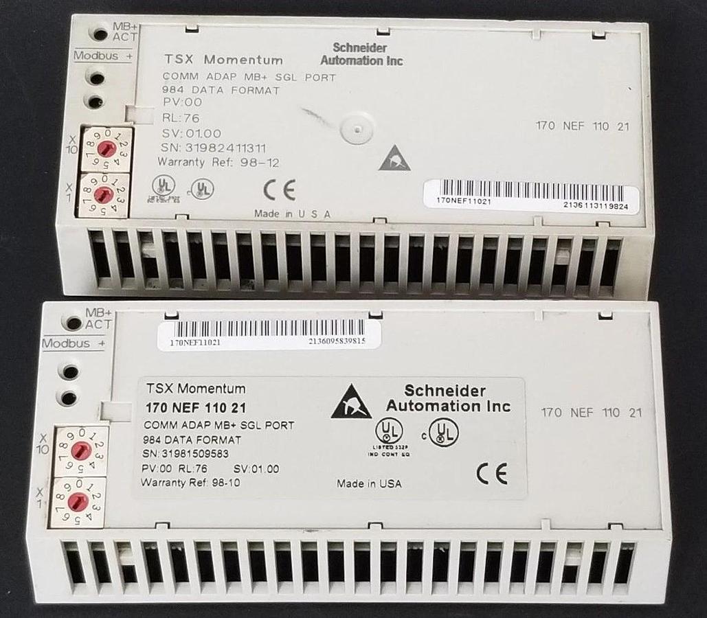 Used 2 SCHNEIDER MODICON 170NEF11021 COMM ADAP MB+ SGL PORT PV: 00, RL: 76, SV: 01.00