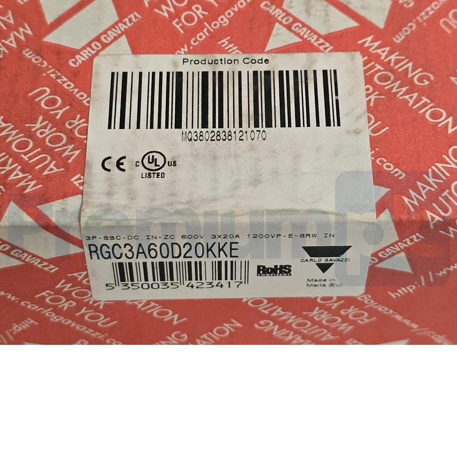 CARLO GAVAZZI RGC3A60D20KKE DIN-RAIL SSR SOLID STATE RELAY 3P 600V 20A NSMP