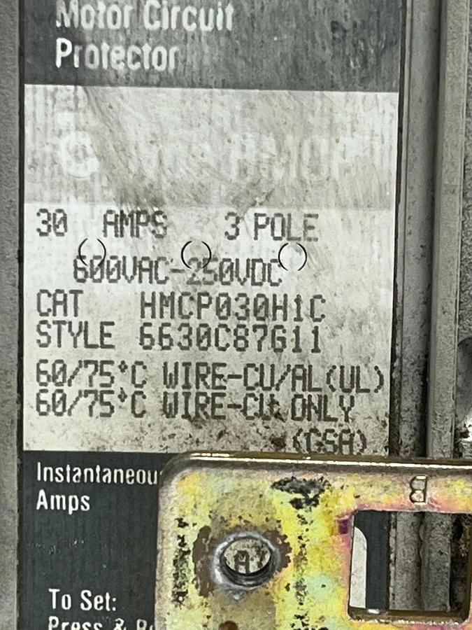 Used Westinghouse HMCP030H1C Motor Circuit Protector Series C 30A 3P 600V Breaker