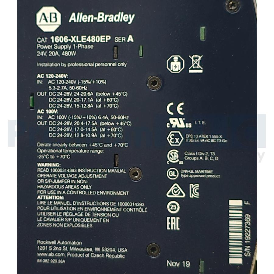 Used ALLEN BRADLEY 1606-XLE480EP /A POWER SUPPLY IN-100/240V OUT- DC 24-28V, 20A NSMP