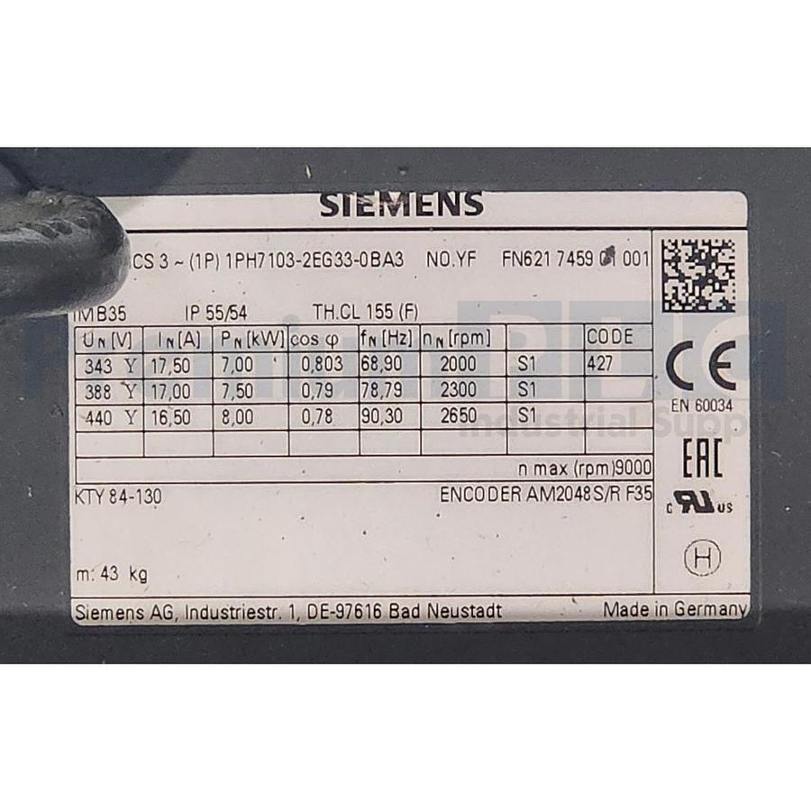 Used NEW SIEMENS 1PH7103-2EG33-0BA3 SIMOTICS M SERVO MOTOR 7kW ENCODER AM2048S/RF35