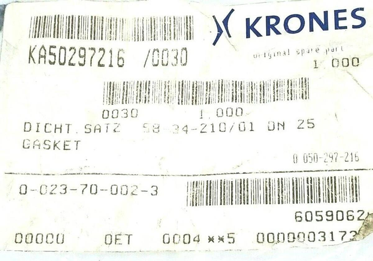 Used NEW KRONES 0-023-70-002-3 GASKET SET KA50297216 58-34-210/01 DN 25 0023700023