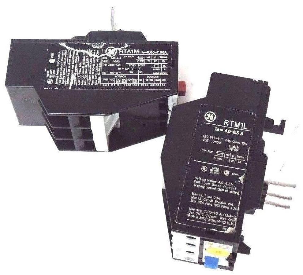 Used LOT OF 2 GENERAL ELECTRIC OVERLOAD RELAYS RTM1L 4.0-6.3 AMP, RTA1M 5.5-7.50 AMP