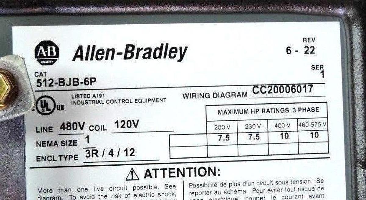 NIB ALLEN BRADLEY 512-BJB-6P STARTER W/DISCONNECT SWITCH SER 1 REV 6-22 512BJB6P