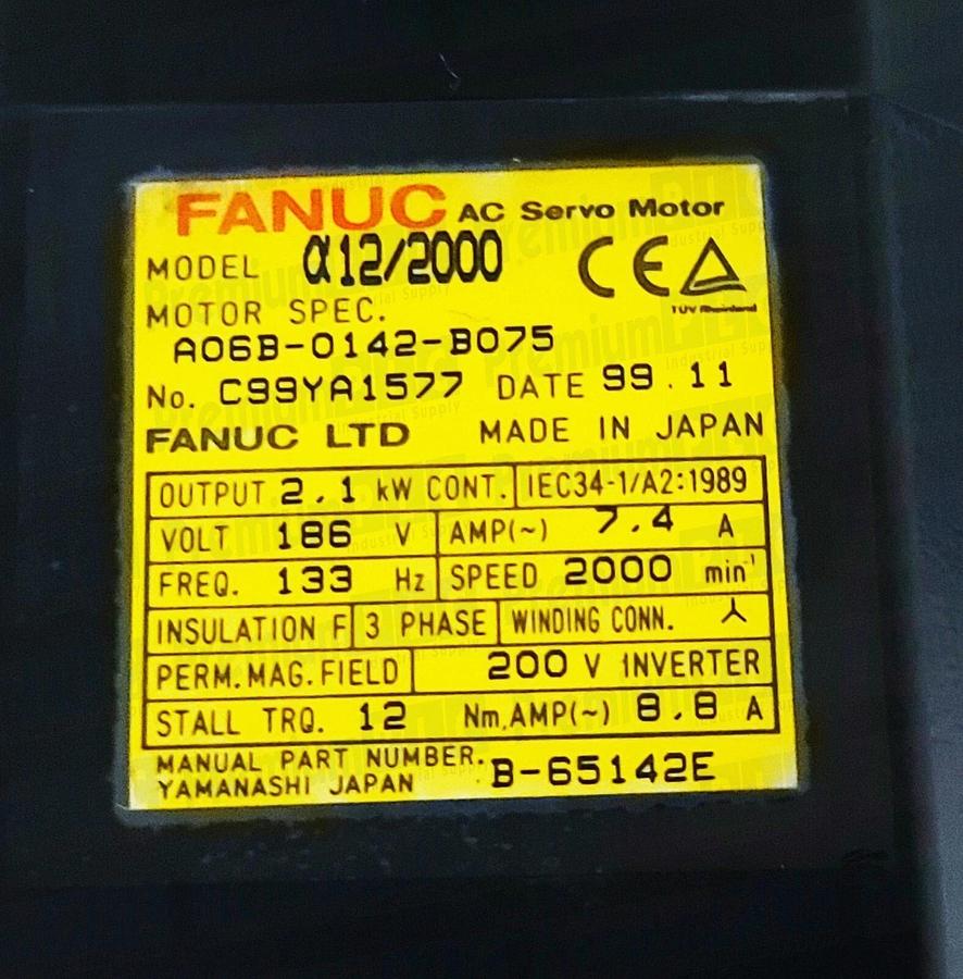 Used FANUC A06B-0142-B075 / A06B0142B075 a12/2000 AC SERVO MOTOR 2.1kW, 186V, 7.4A