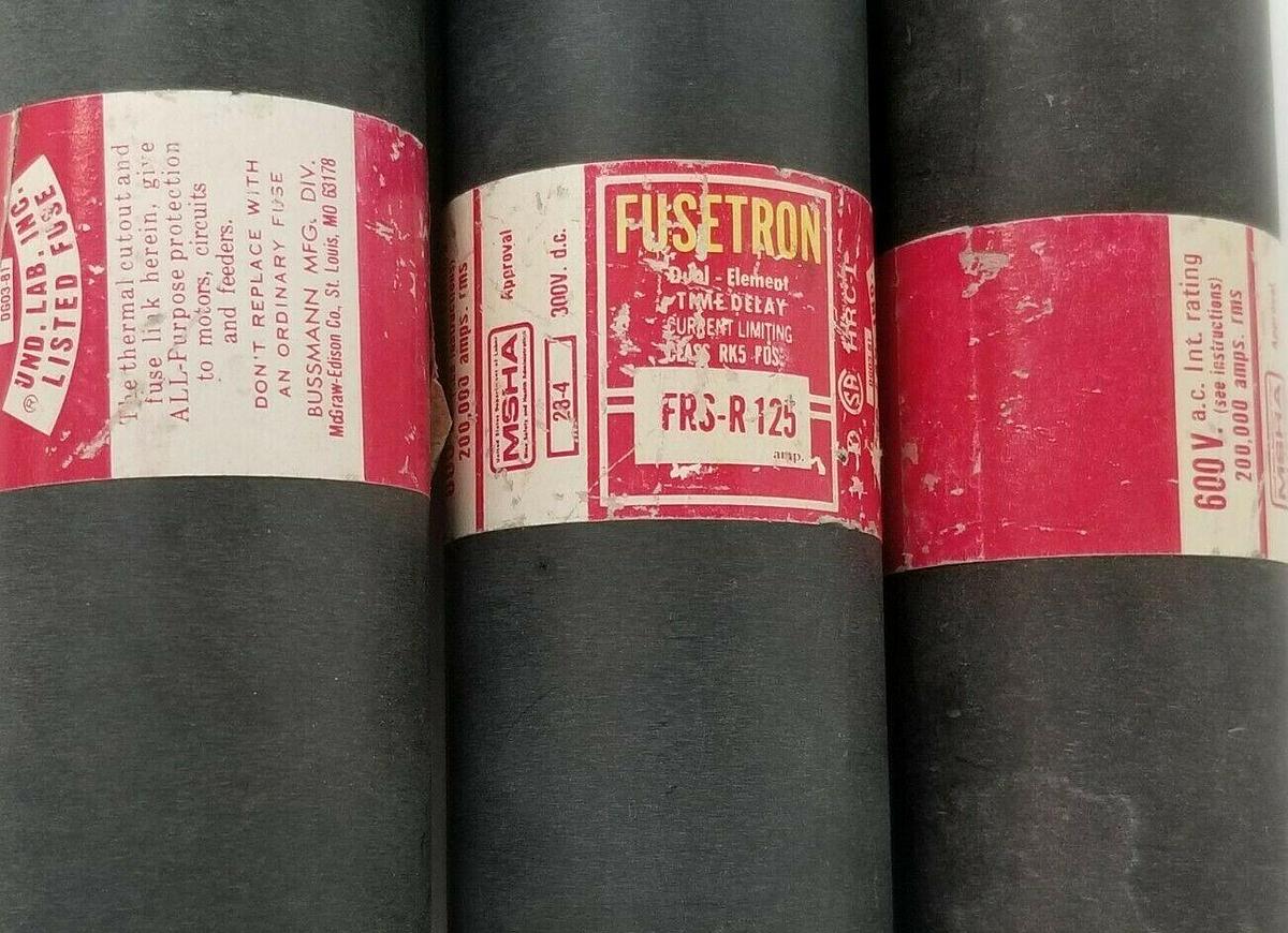 Used LOT OF 3 BUSSMANN FRS-R-125 FUSETRON DUAL-ELEMENT FUSES 600V, 125A, FRSR125