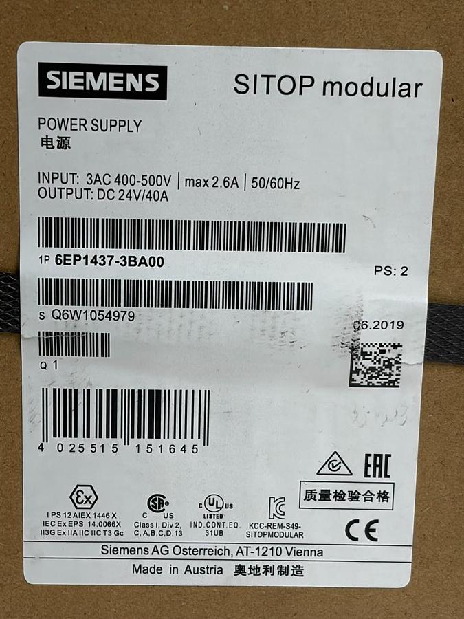 Used Siemens 6EP1437-3BA00 SITOP Modular 40 Power Supply 24V 40A 3-Phase New Surplus