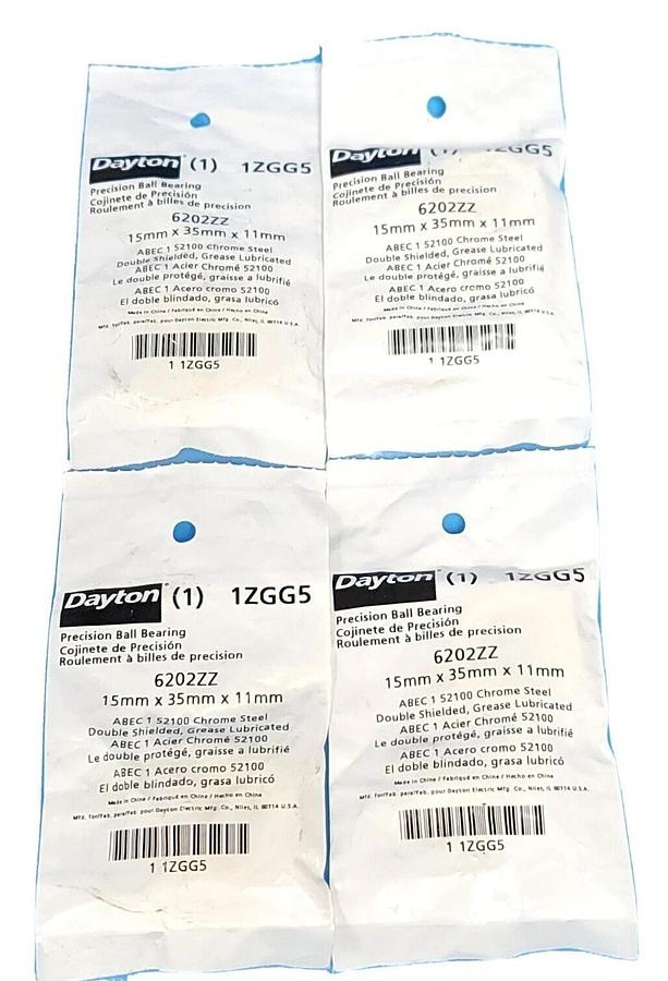 Used LOT OF 4 NEW DAYTON 1ZGG5 BALL BEARINGS 6202ZZ 15MMX35MMX11MM