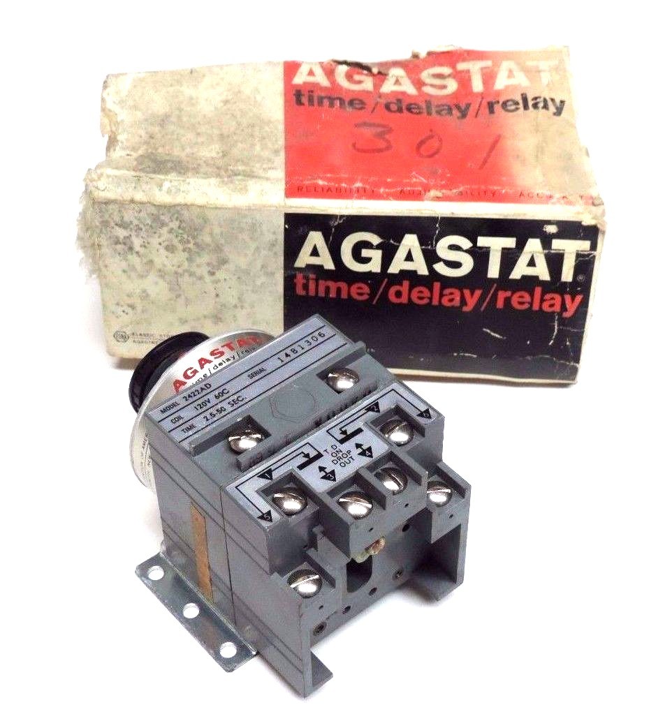 Used NIB AGASTAT 2422AD TIMING RELAY 120V, 60C, 2.5/50 SEC., 240VAC, 1/4HP, 10A
