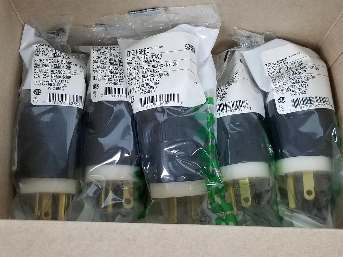 Used BOX OF 5 NEW BRYANT 5366N PLUGS WHITE NYLON 20A 125V NEMA 5-20P 2P 3W GRD