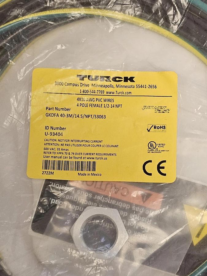Used NEW TURCK GKDFA 40-3M/14.5/NPT/S3063 RECEPTACLE ID NUMBER: U-93404