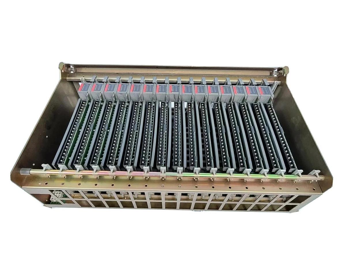 Used ALLEN BRADLEY 1771-A4B 16 SLOT I/O CHASSIS SER. B REV. K01 W/ 15 1771-IAD SER. D