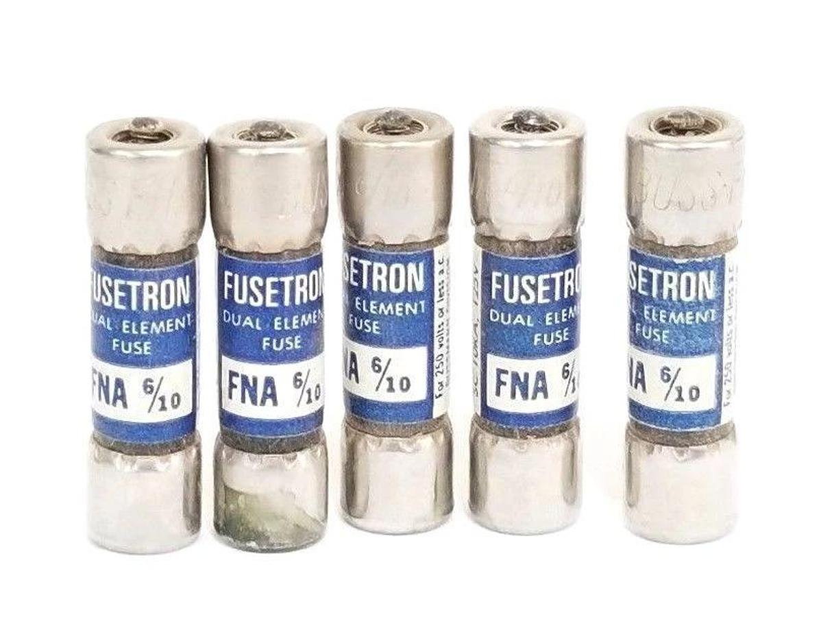 Used LOT OF 5 BUSSMANN FNA-6/10 FUSETRON DUAL ELEMENT FUSES