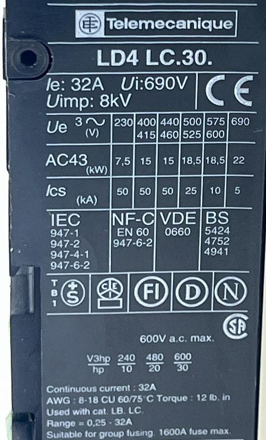 Used Telemecanique LD4-LC130BD Starter | LB1-LC03M22 Overload | LA1-LC025 Aux | 24VDC